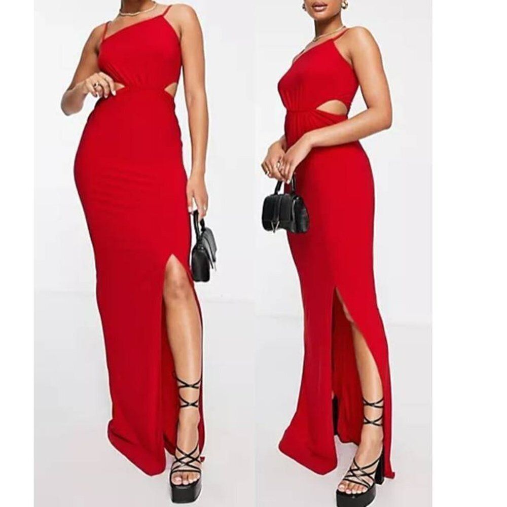 Trendyol Women's Asymmetric Stretchy Cut Out Maxi Red Dress
